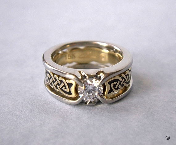 Celtic Bonding Knot Puzzle Shield Ring, White Gold Band with Yellow Gold Knots, flush set with a .50ct diamond